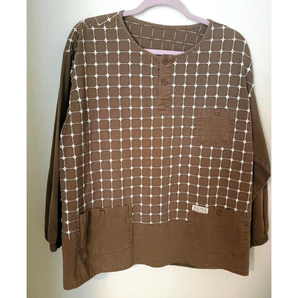 Naya Denim Weight Cotton Brown Embroidered Boxy L/S Top Sz L